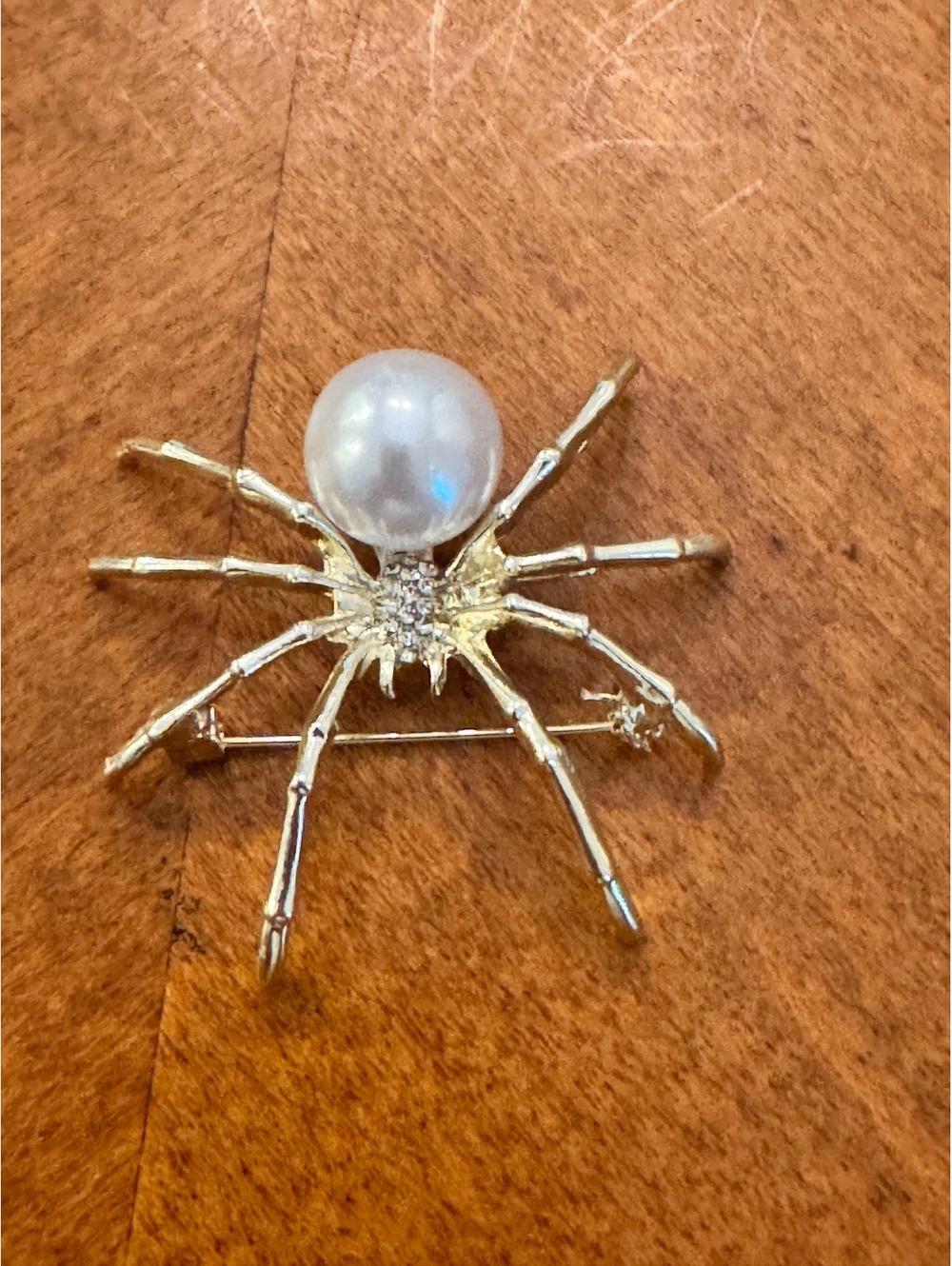 Gold Tone Spider Brooch with Faux Pearl Accent 643